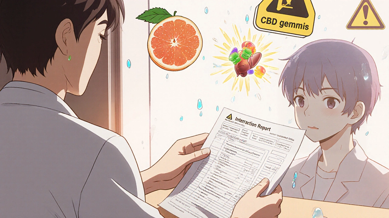 A pharmacist gives a patient a drug interaction report, with CBD and grapefruit icons exploding into warning symbols.