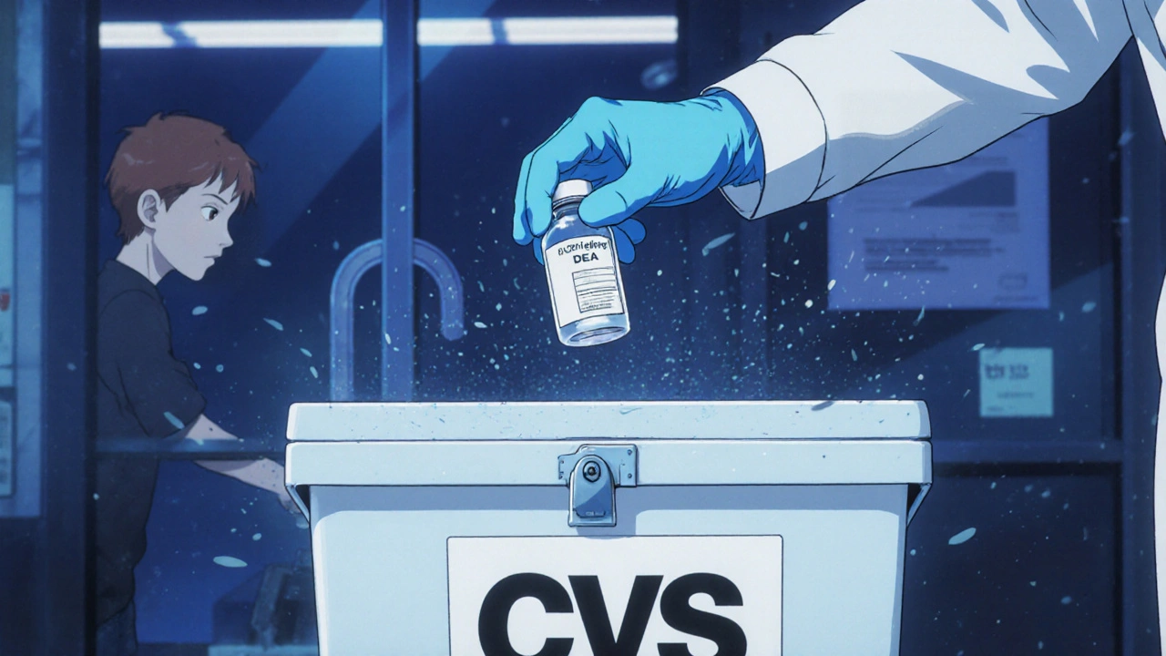 A pharmacist places sealed liquid medication into a secure DEA collection bin inside a pharmacy.