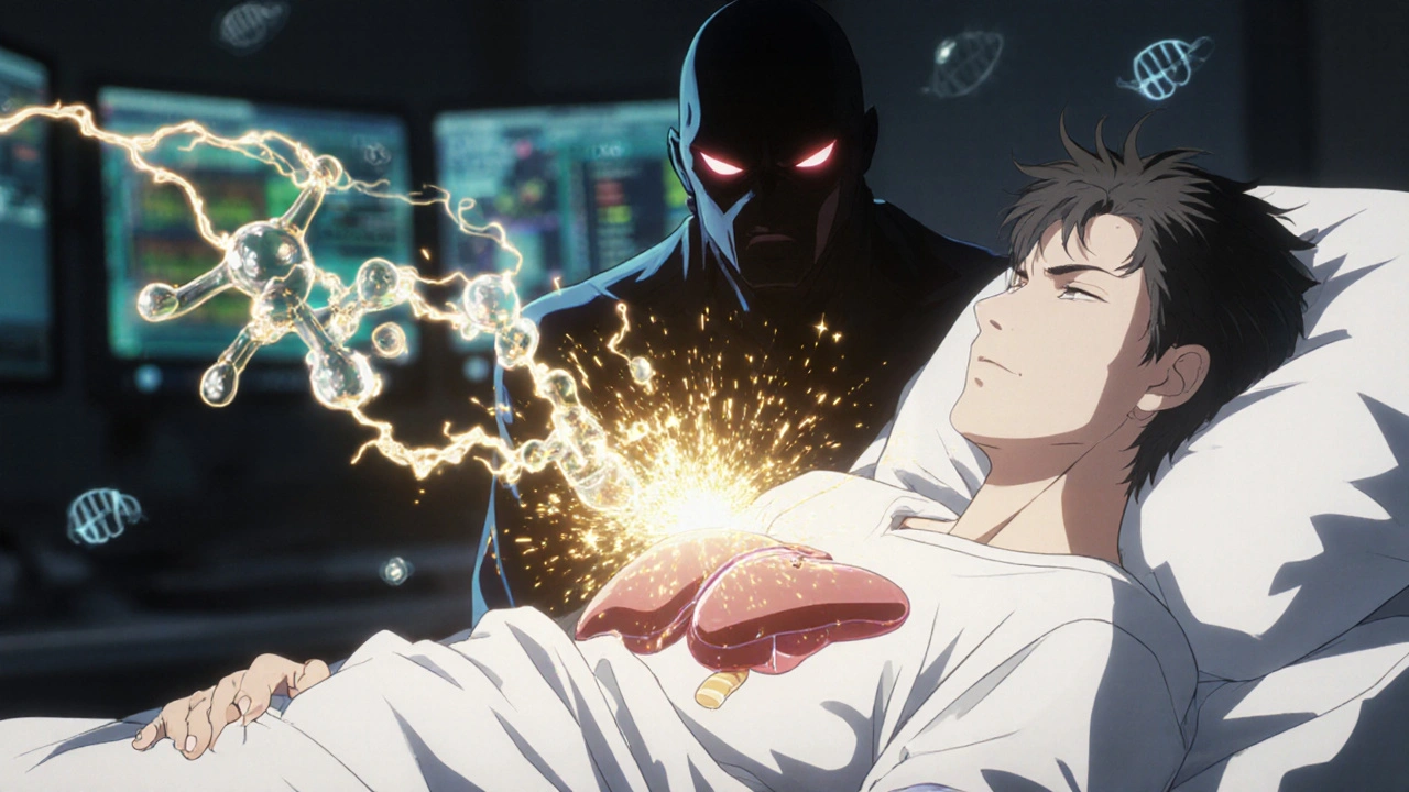 A transplant patient with colliding drug streams and a looming azole molecule in a hospital scene.