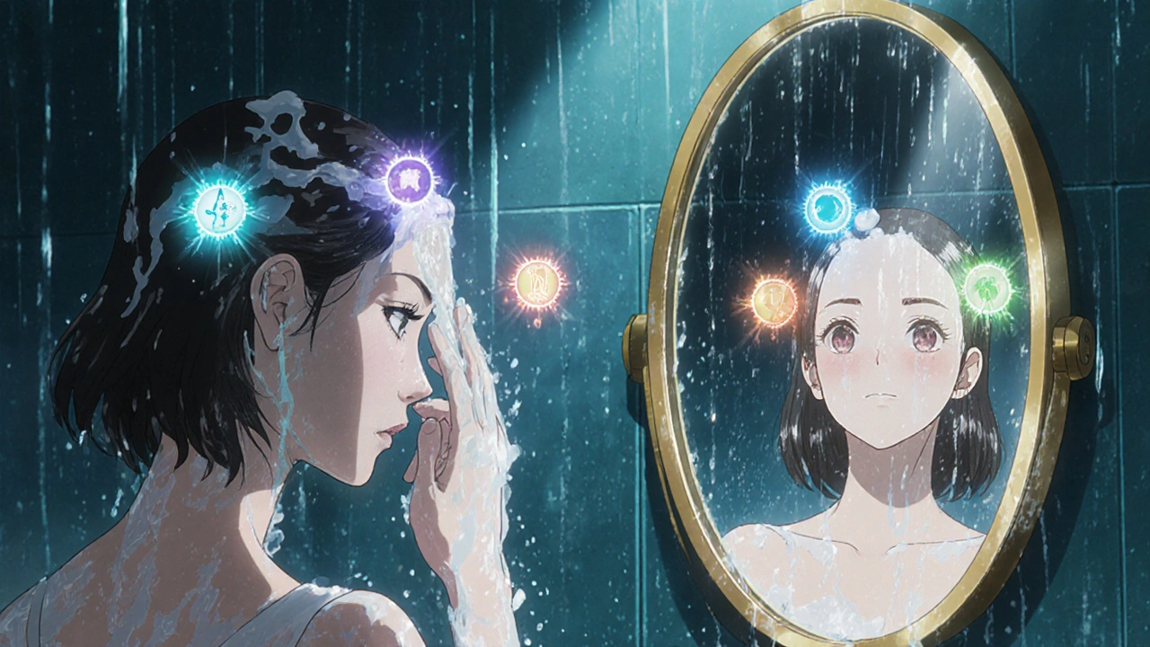 A woman applying medicated shampoo as colorful elemental spirits emerge from the lather in a steamy bathroom.