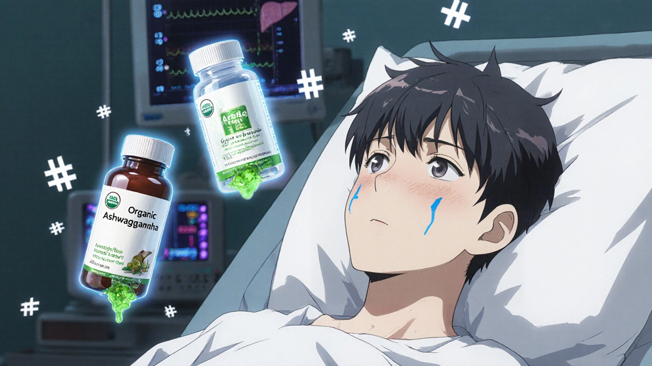 A young patient in a hospital bed with ghostly supplement bottles above, displaying abnormal liver readings.