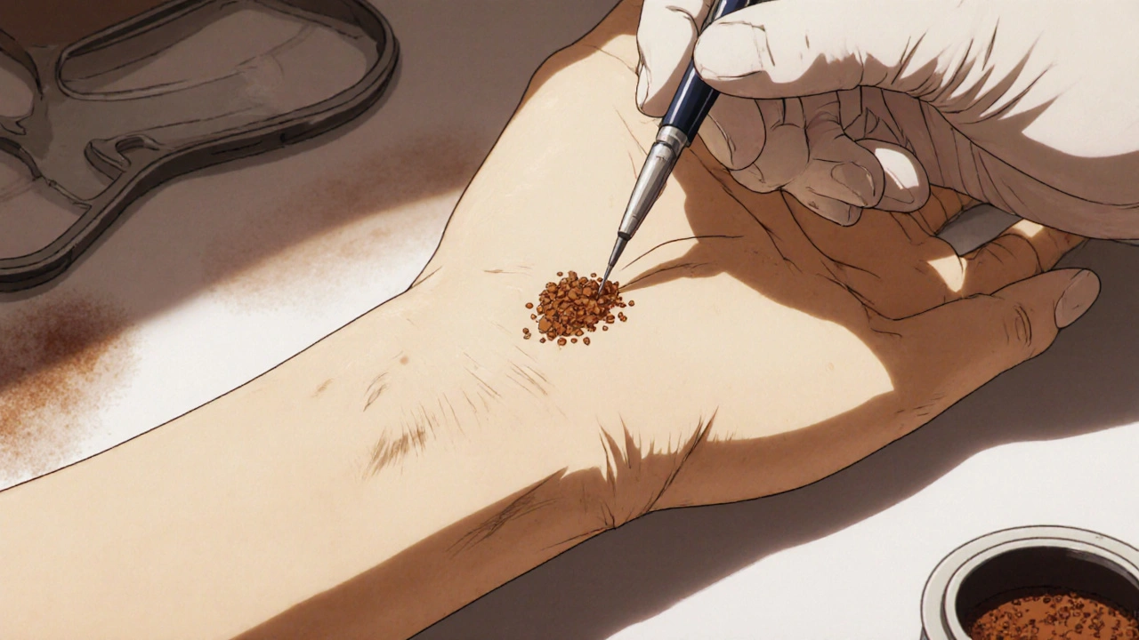 Dermatologist performing micropigmentation on a patient&#039;s wrist with fine needle and pigment.