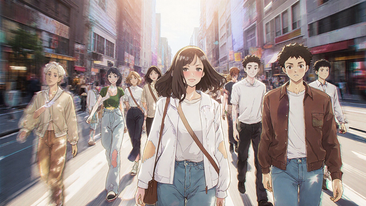 Diverse group of people walking confidently in city street with camouflaged vitiligo patches.