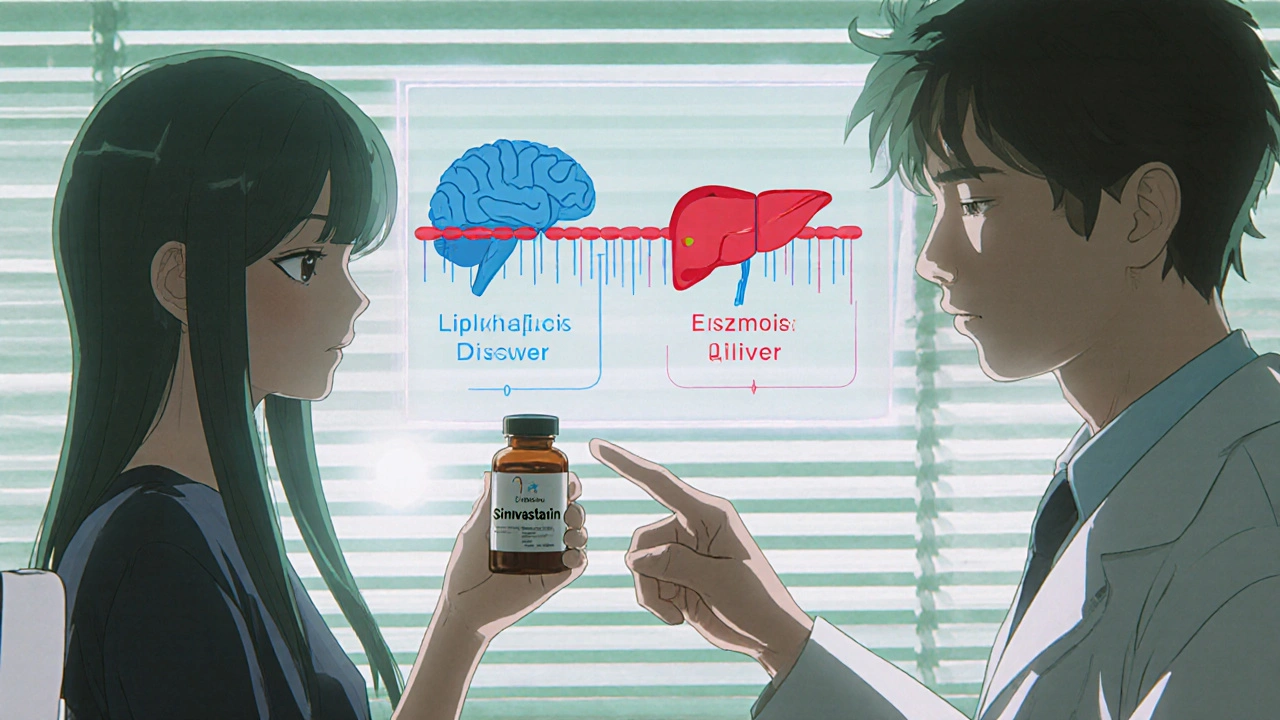 Doctor explains statin types using a transparent diagram of the blood-brain barrier.