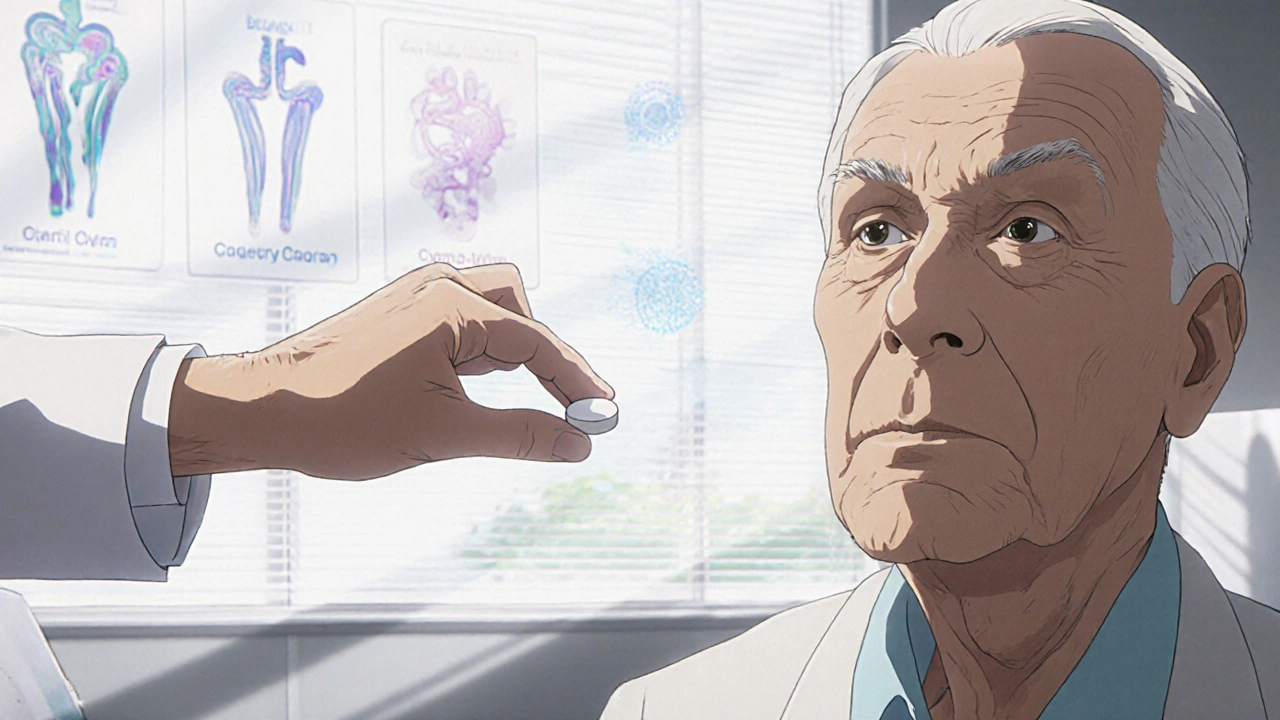 Doctor handing a pill to a patient in a sunlit clinic, medical symbols faintly floating in the background.