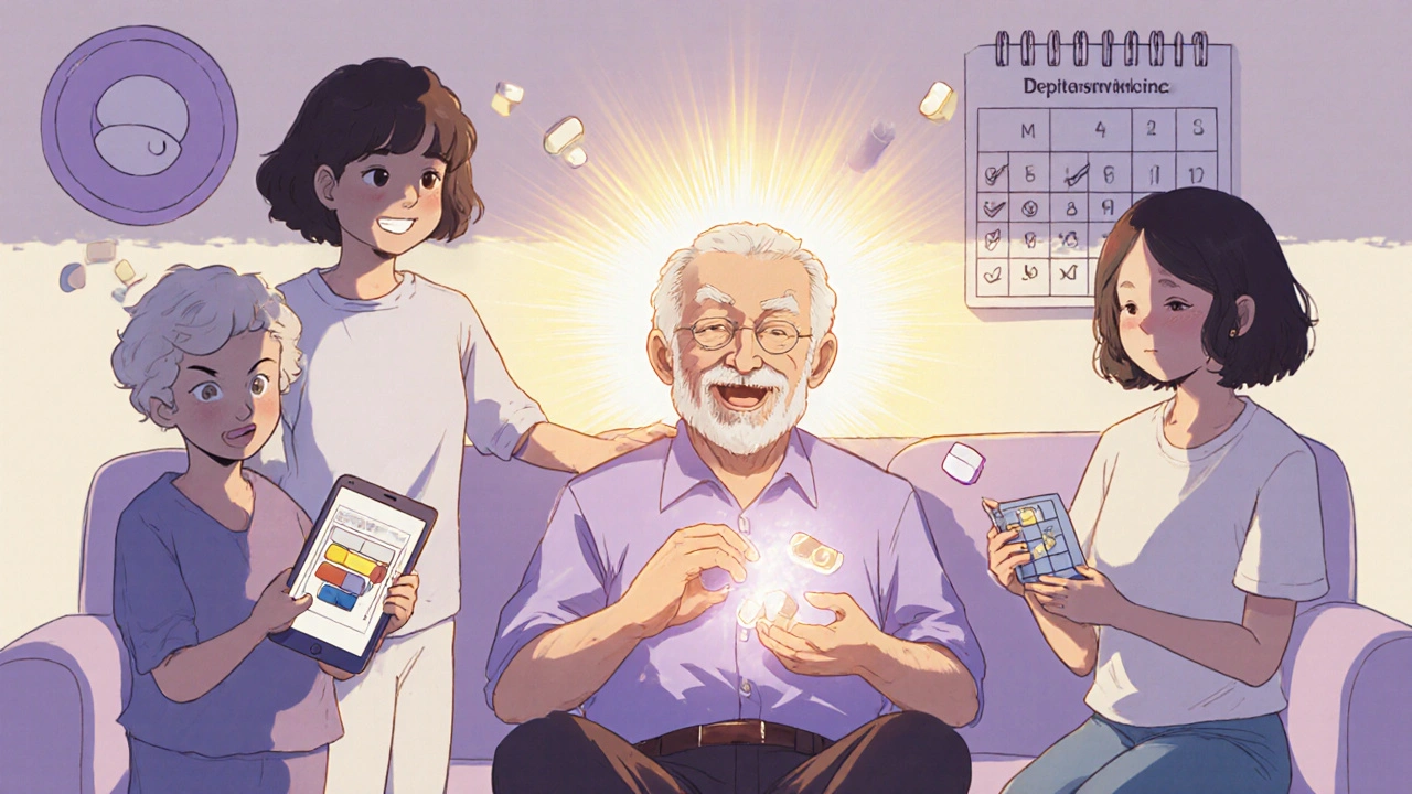 Family helping an elderly man reduce unnecessary medications, with glowing sunburst symbolizing improved health.