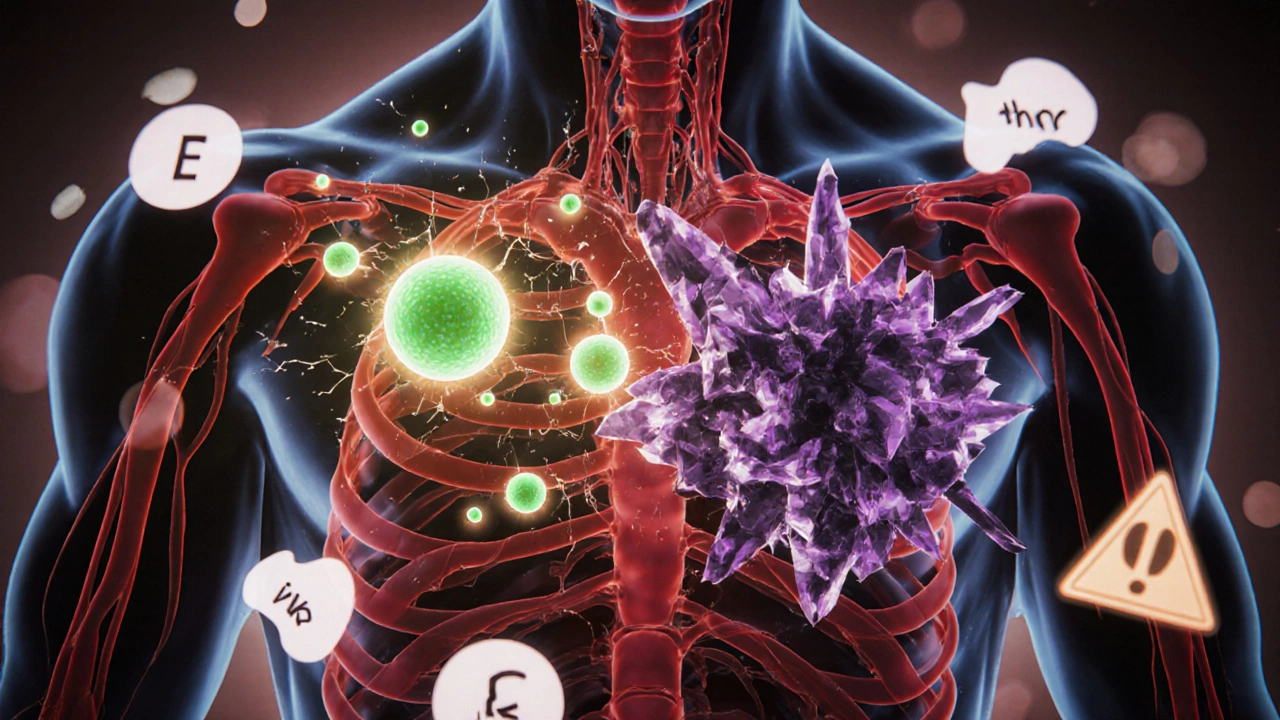 Internal view of veins with vitamin E and warfarin molecules colliding, cracking clotting structures in glowing colors.