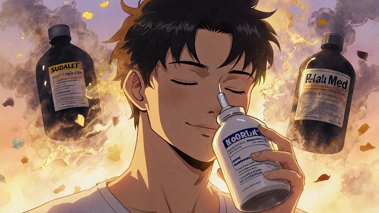 Man using saline rinse with golden light around bladder, decongestant bottles dissolving into smoke.
