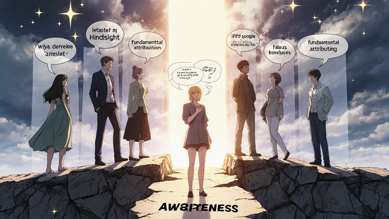 People walking on a crumbling belief-bridge as AI overlays reveal hidden biases and a path to awareness.