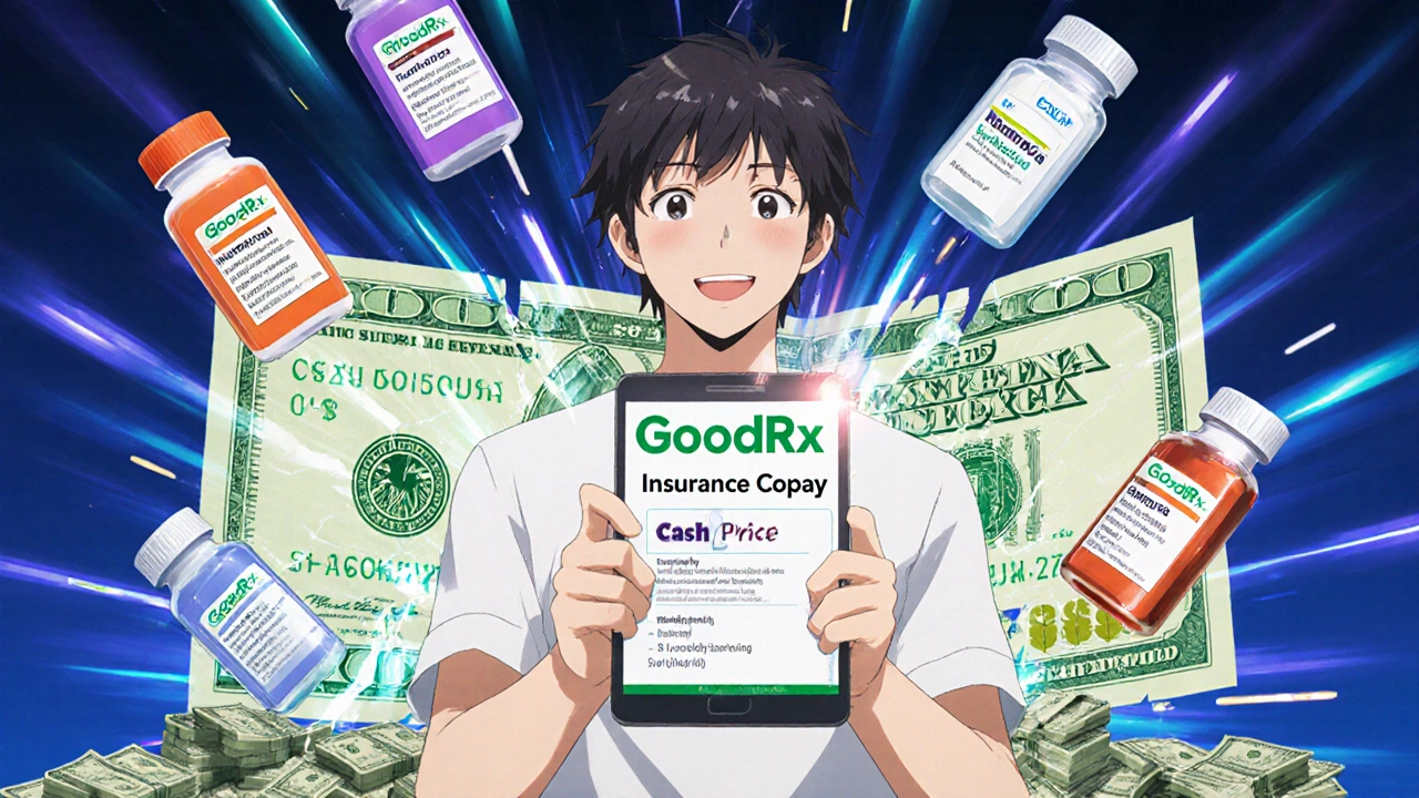 Person holding phone with GoodRx prices as a cracked insurance bill reveals hidden cash savings.