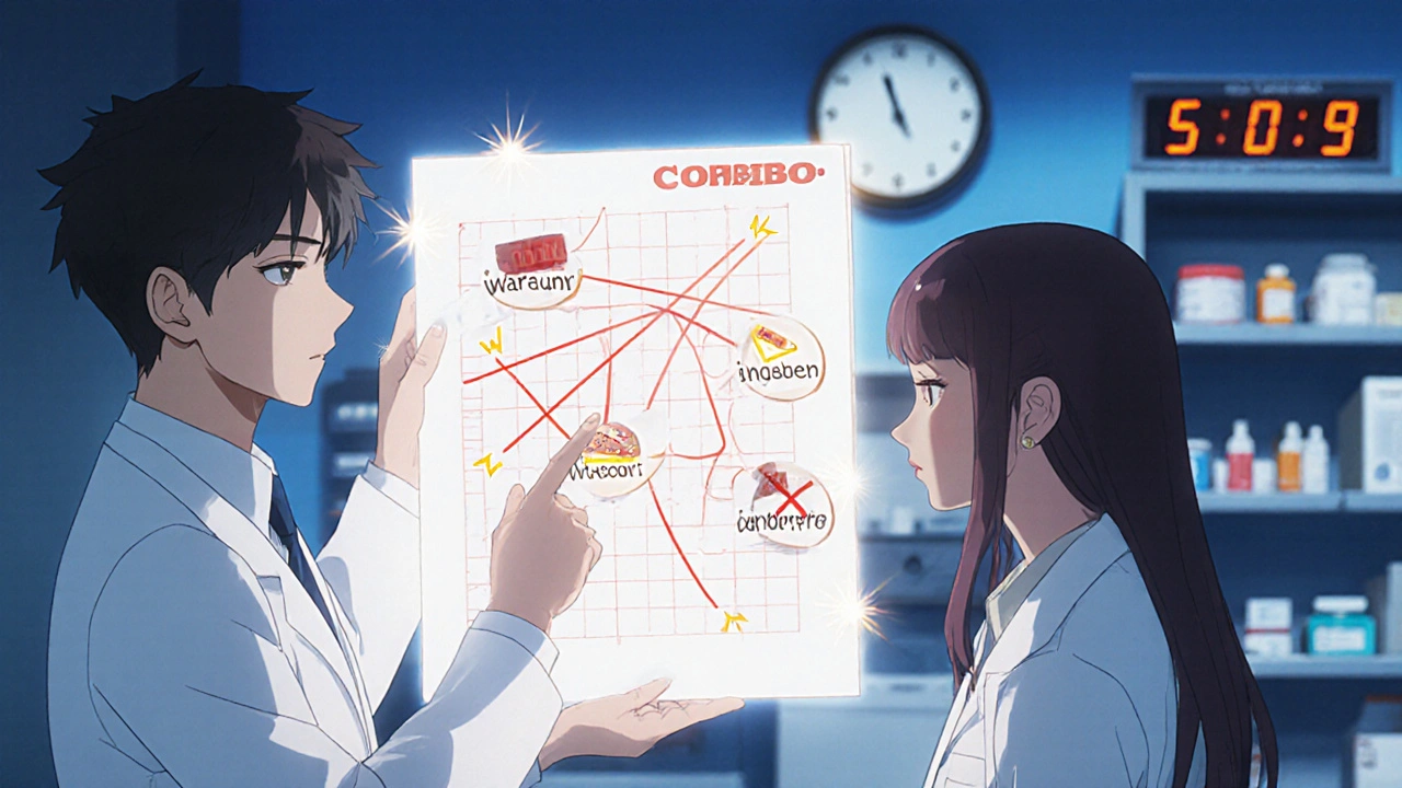 Pharmacist and doctor reviewing a glowing chart of dangerous drug interactions in a clinic.