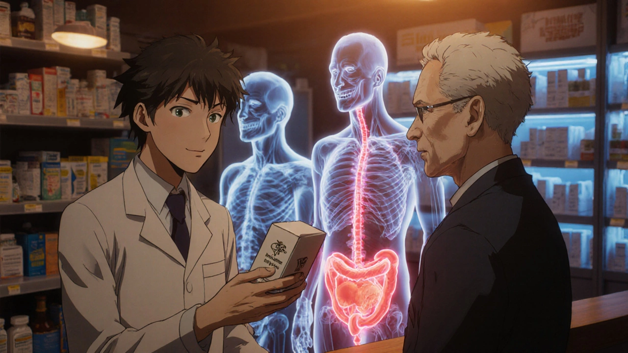 Pharmacist handing cold medicine to elderly man as shadowy hand grips bladder, warning symbols visible.