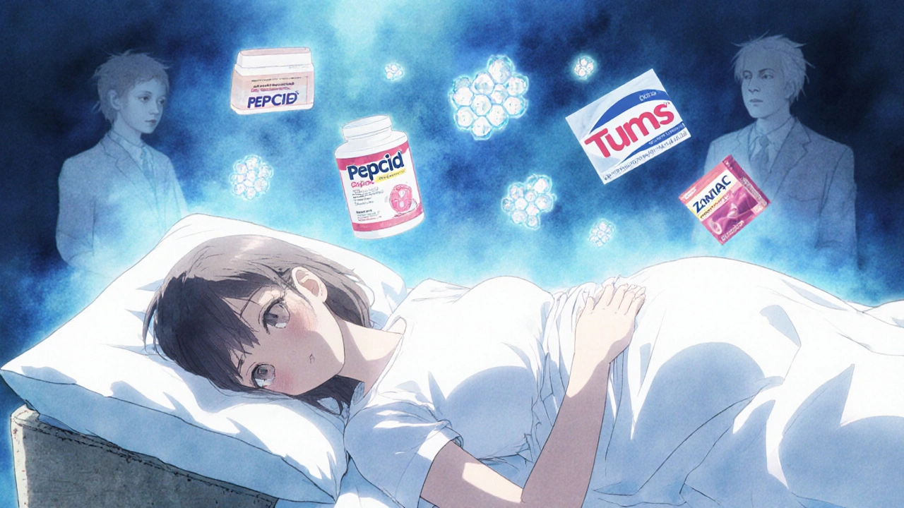 Pregnant woman sleeping peacefully with symbolic safe medications glowing above.