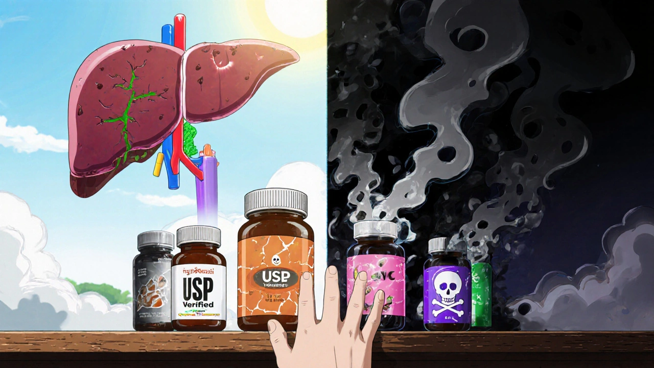 Split image of healthy vs. damaged liver, with supplement bottles leaking toxins, in rotoscope anime style.