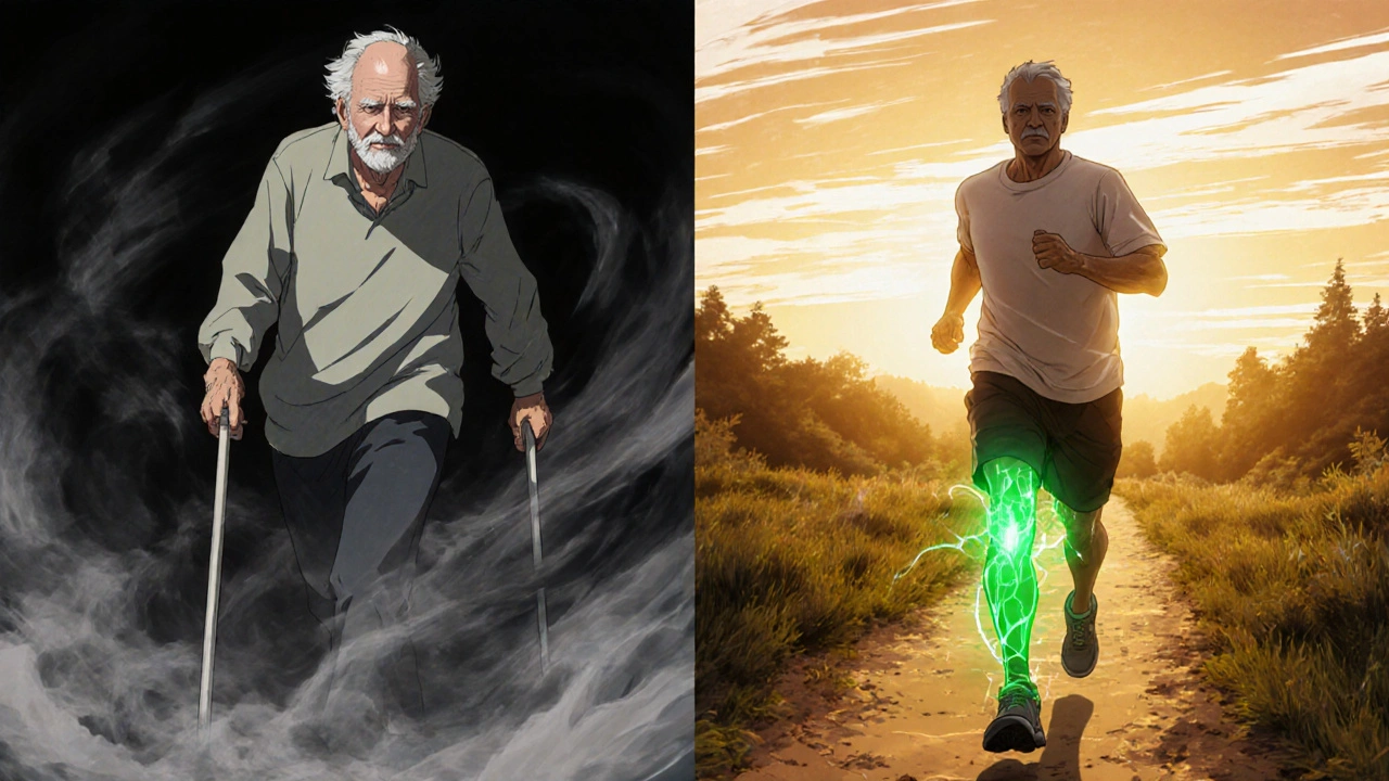 Split image showing a man transitioning from using a cane to jogging, with dark and golden energy representing inflammation and recovery.