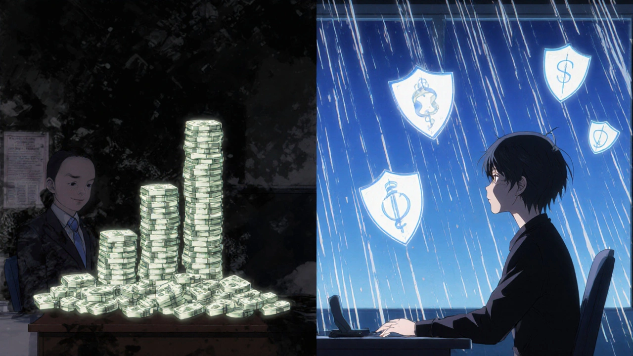 Split scene: one side paying full therapy fees, other side paying reduced copay with insurance protection.