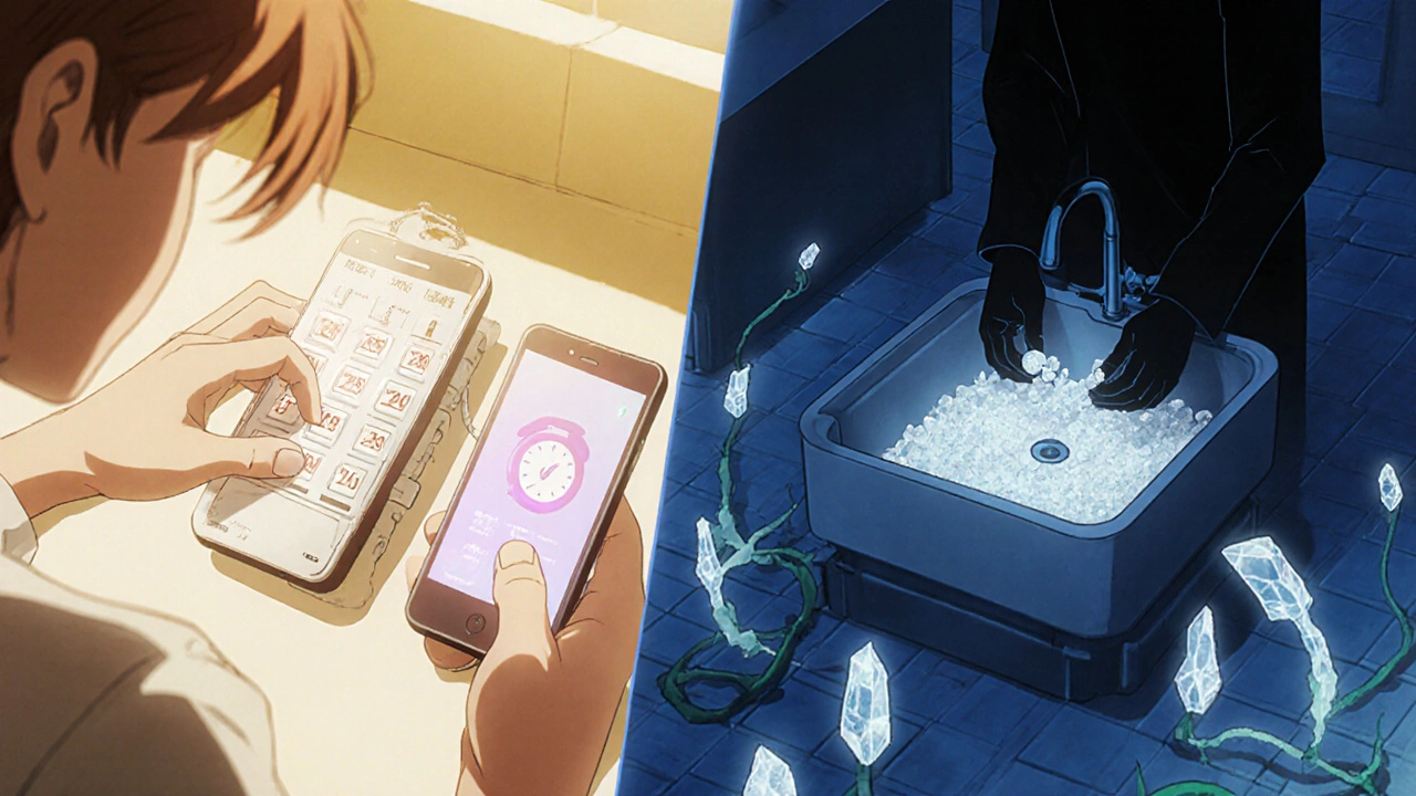 Split scene: safe medication use vs. dangerous overdose with calcium crystals spreading toward dialysis.
