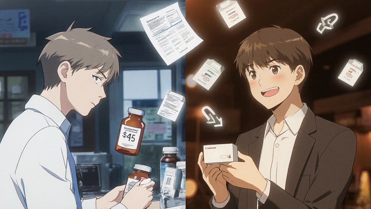Split scene showing high insurance copay vs low generic cash price with floating financial icons.