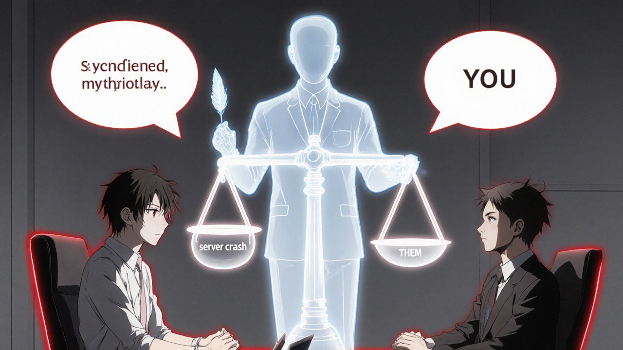 Two coworkers judged differently, with a ghostly scale highlighting bias in blame and excuse.