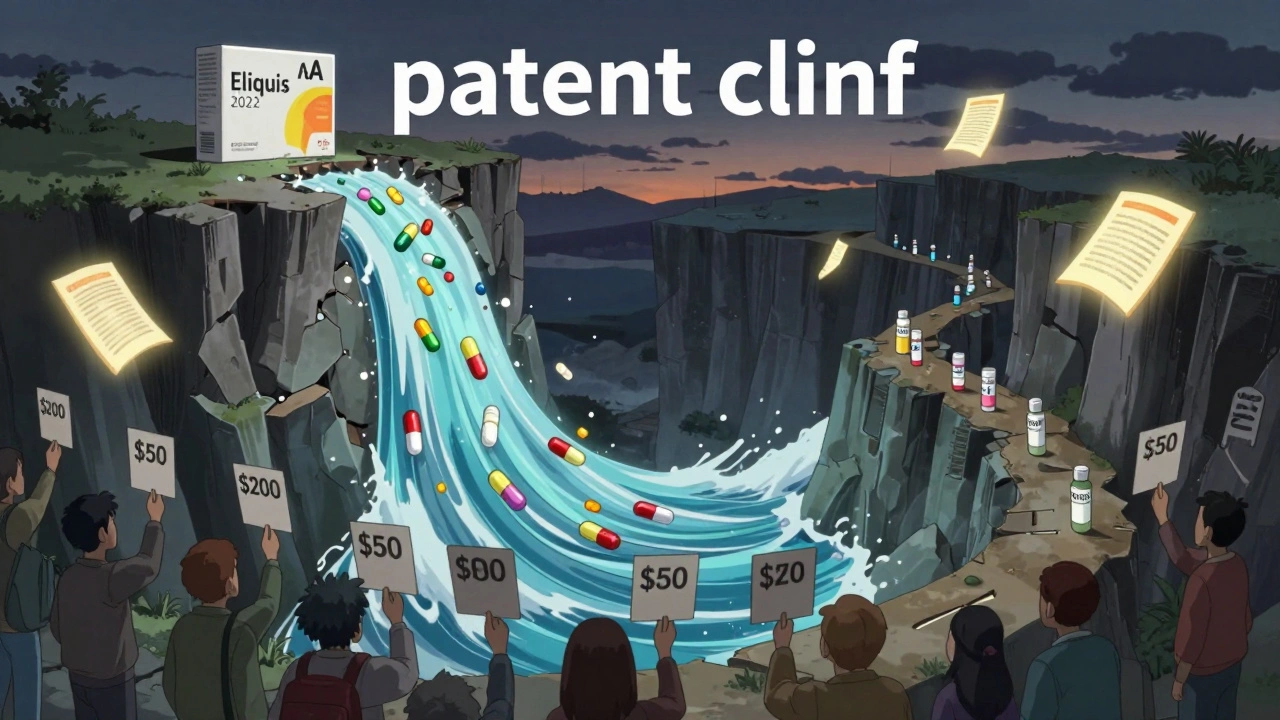 A cliff labeled &#039;Eliquis 2022&#039; crumbles as brand-name pills fall into a valley of rising generic tablets and lower prices.