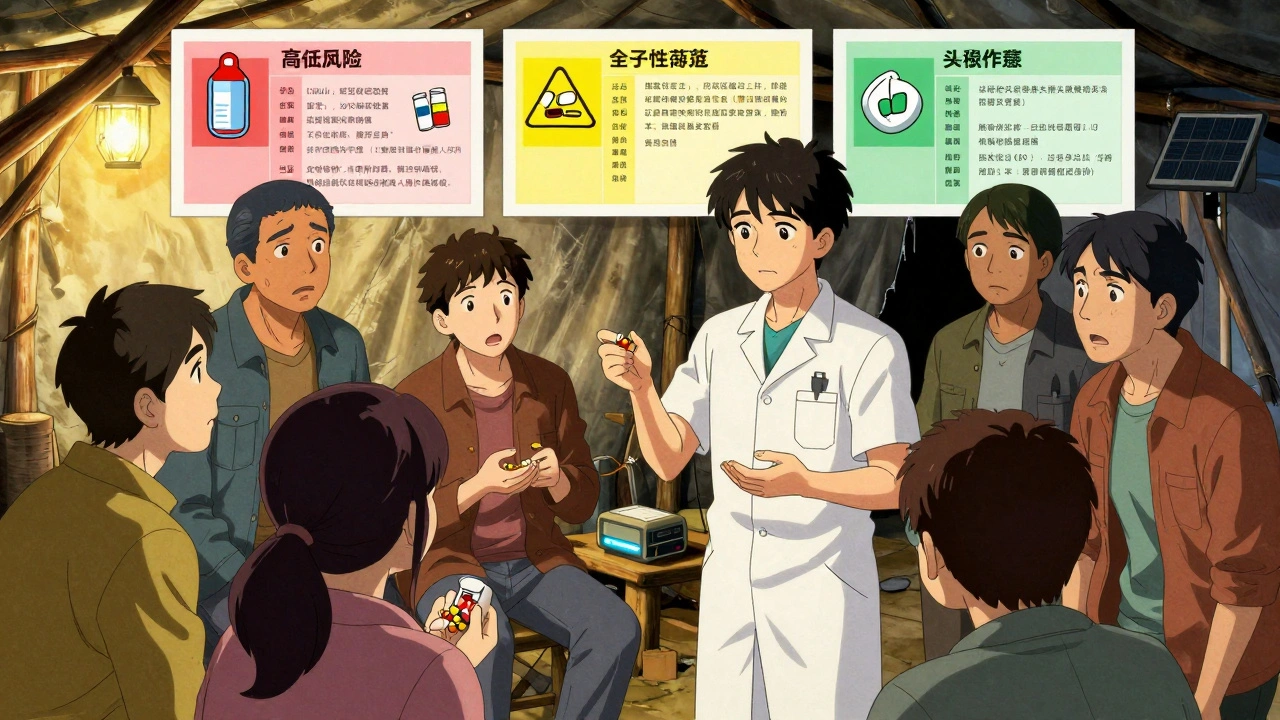 A community health worker teaches neighbors about color-coded risks of expired medications using a poster in a shelter.