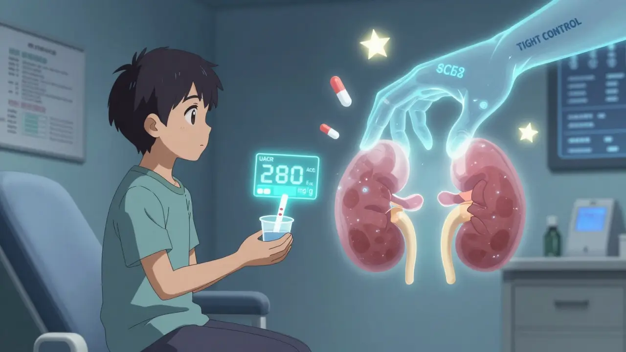 A diabetic patient in a clinic with a holographic UACR reading, protected by floating kidney-medication stars.