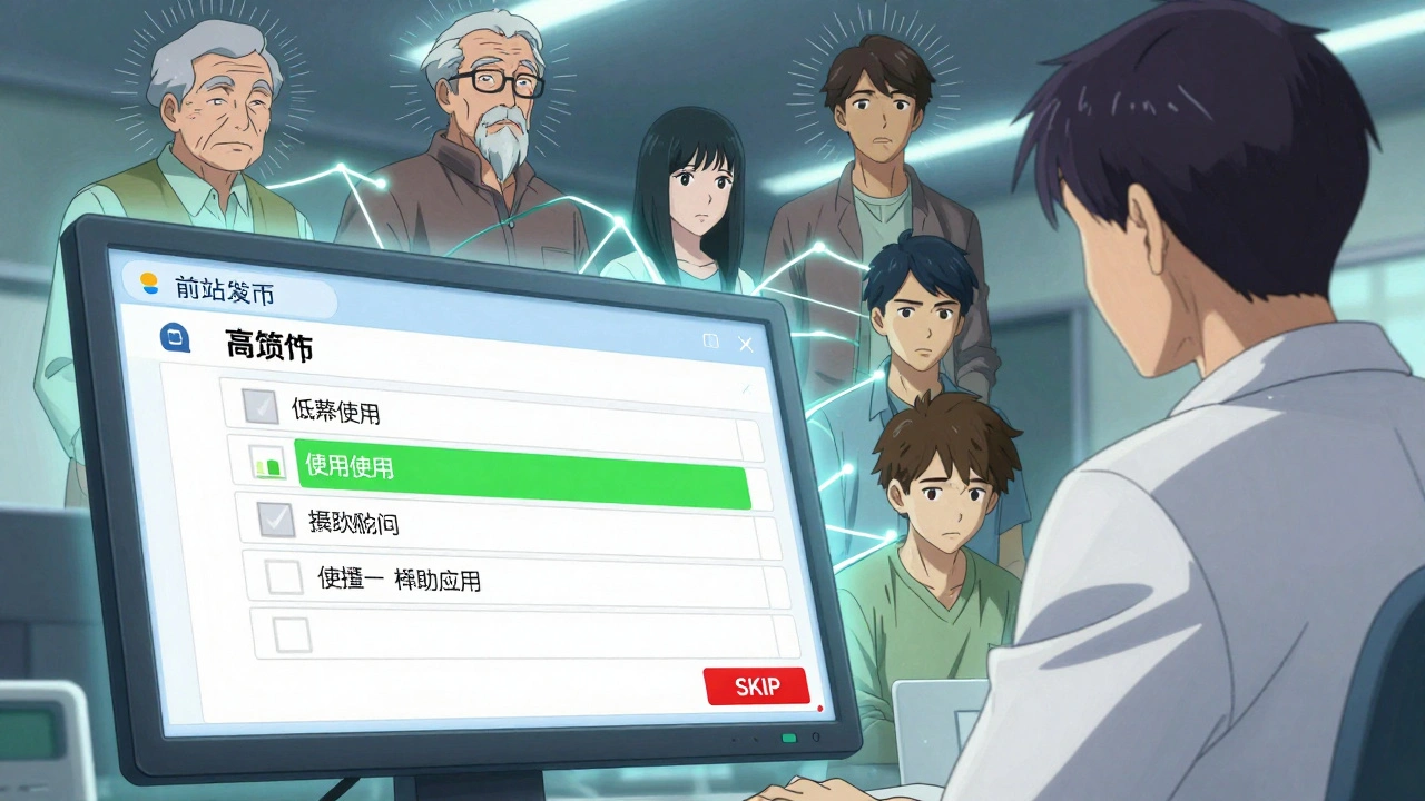 A doctor’s screen showing a default generic drug prescription, with connected patient silhouettes representing personalized behavioral nudges.