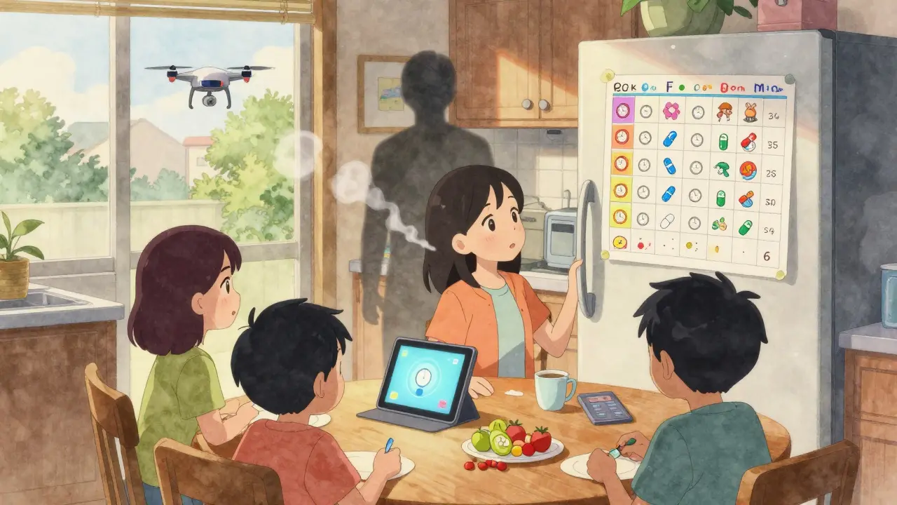 A family reviews a visual pill schedule at breakfast, with a digital reminder and a dissolving counterfeit pill in the background.