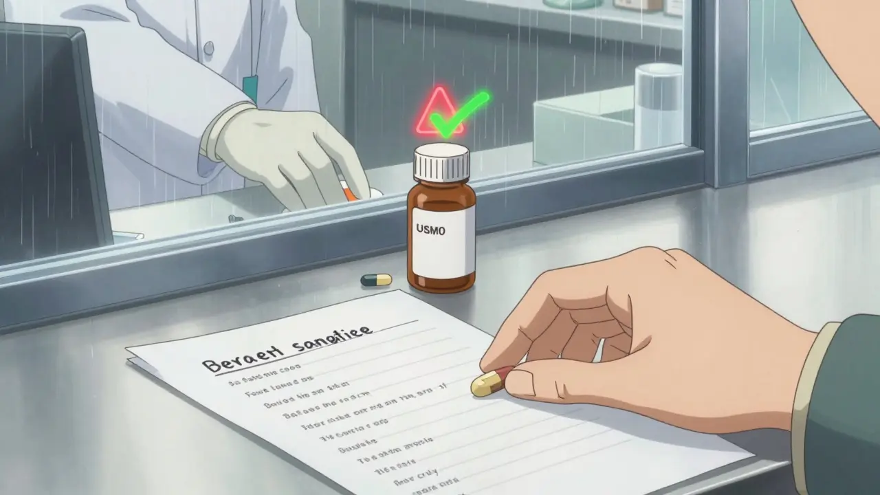 A hand places a medication list on a counter as generic pills replace brand-name ones with glowing safety checkmarks.