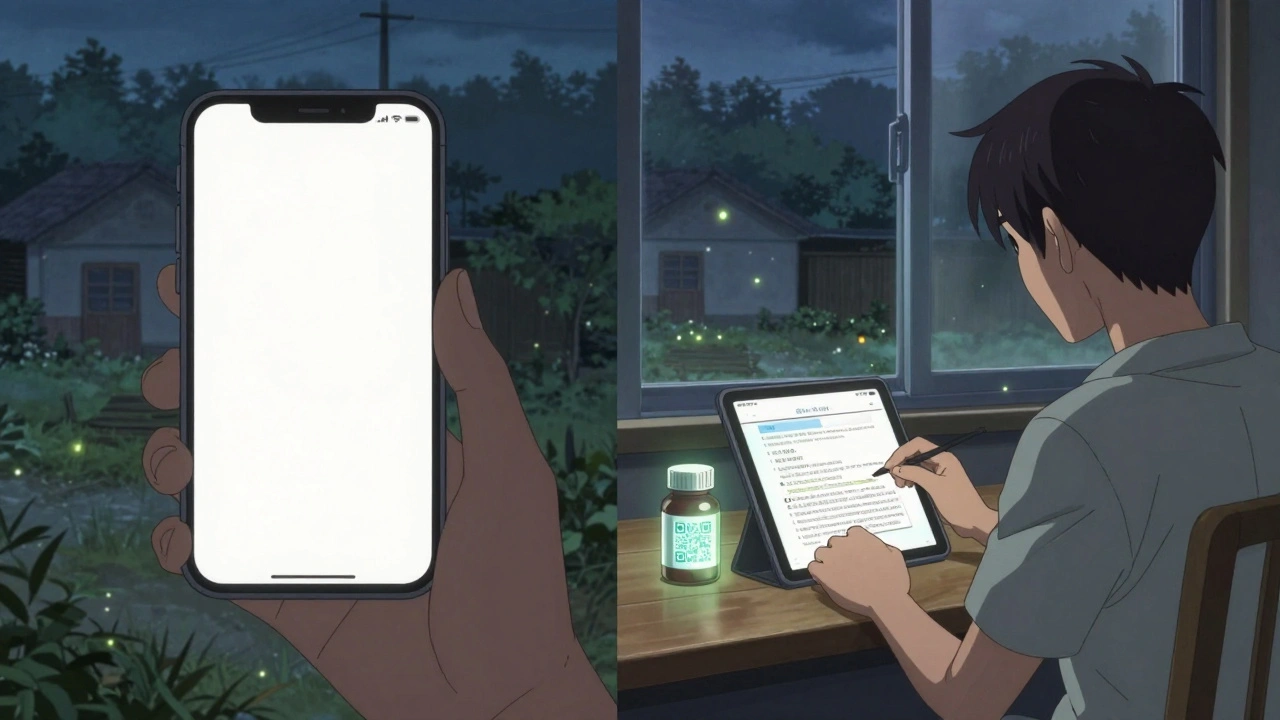 A patient in a rural home viewing a downloaded prescription PDF on a tablet, with a QR-coded bottle beside them under dusk light.