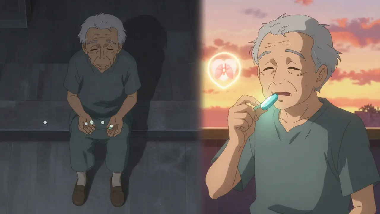 A patient switching from multiple pills to one advanced pill, symbolizing improved adherence.