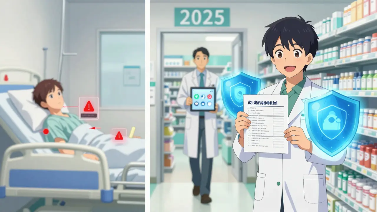 A patient transitions from a hospital crisis to pharmacy safety, with a pharmacist holding a telehealth tablet labeled '2025'.