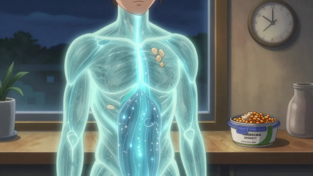 A person's body at night with protein rivers flowing to muscles, budget meals visible outside the window.