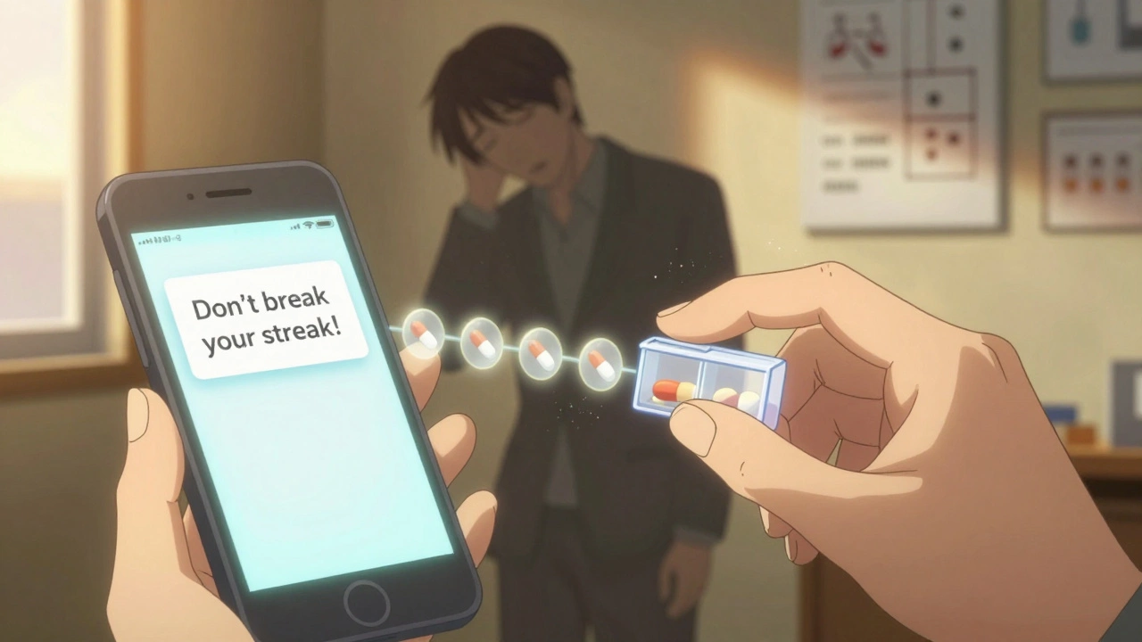 A person receiving a text reminder to maintain their medication streak, with glowing daily icons behind them.