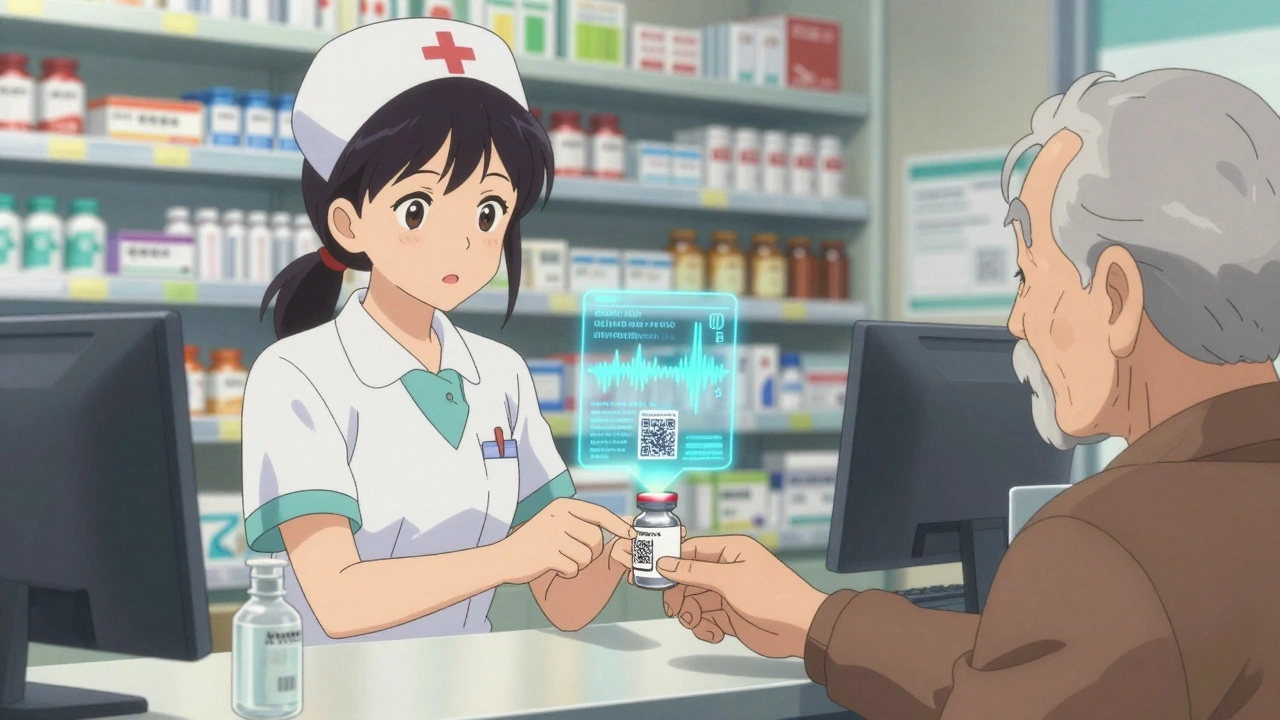 A pharmacist helping an older patient scan a prescription QR code at a pharmacy counter, holographic instructions glowing nearby.