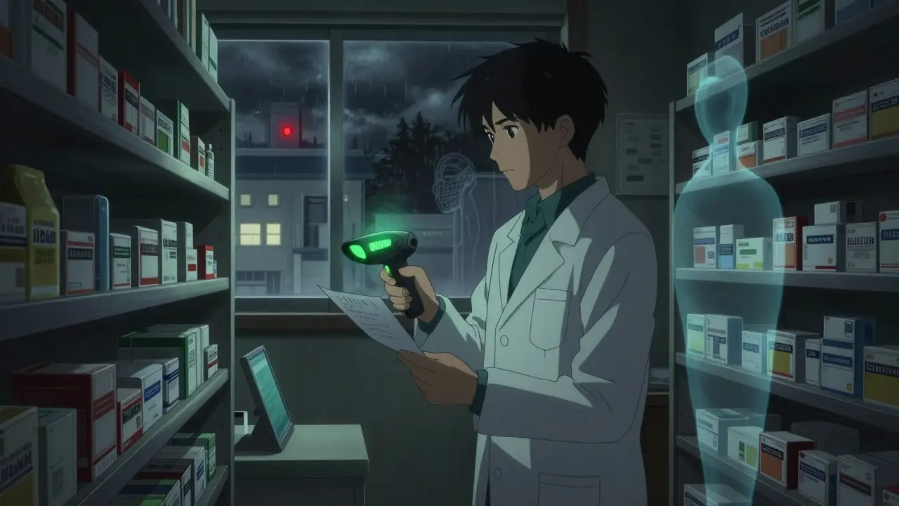 A pharmacist in a rural pharmacy stands alone amid towering drug shelves, holding a scanner as a patient fades away.
