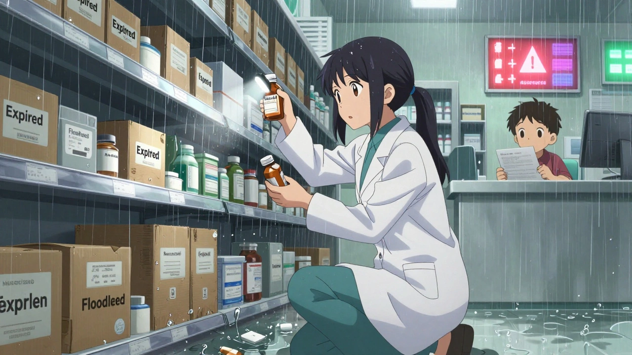A pharmacist sorts safe and flooded medication bottles in a damaged pharmacy, using a UV light to inspect pills.
