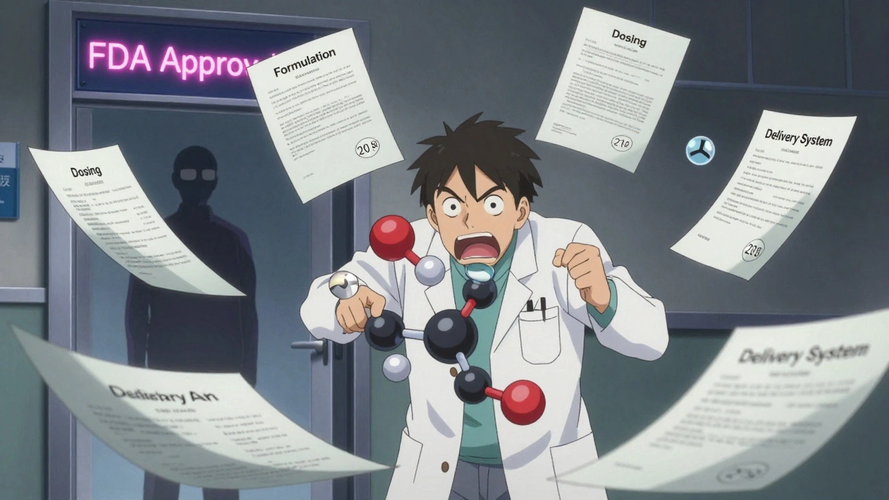 A scientist filing multiple patents around a drug molecule, each with its own expiration clock, while a generic competitor waits outside.