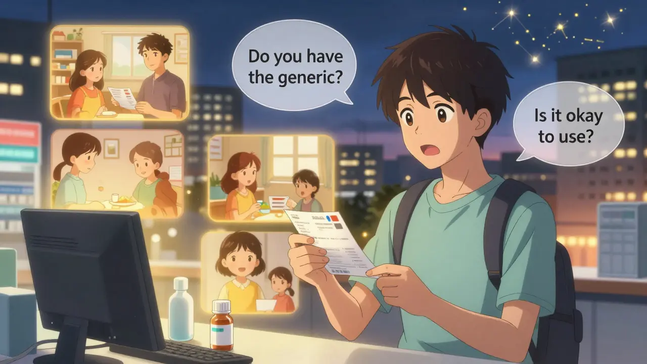 A teen talking to a pharmacist about generic medication, with floating speech bubbles and glowing families in the background.