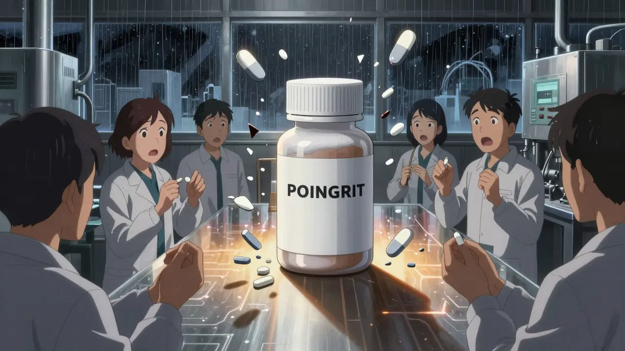 An authorized generic emerging from the same production line as a brand-name drug, shattering its logo in a dark factory.