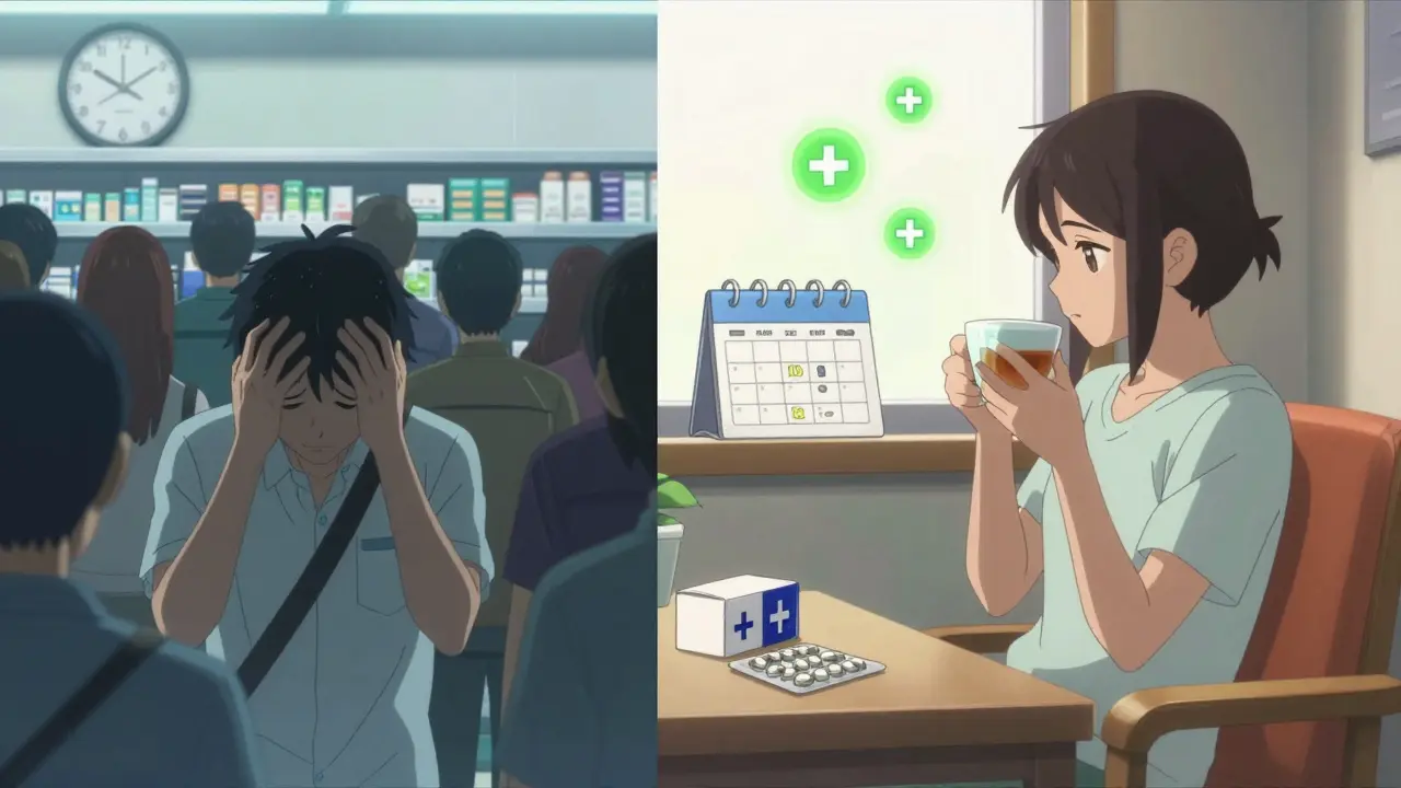 Contrasting stressful pharmacy wait versus calm home routine with 90-day meds.