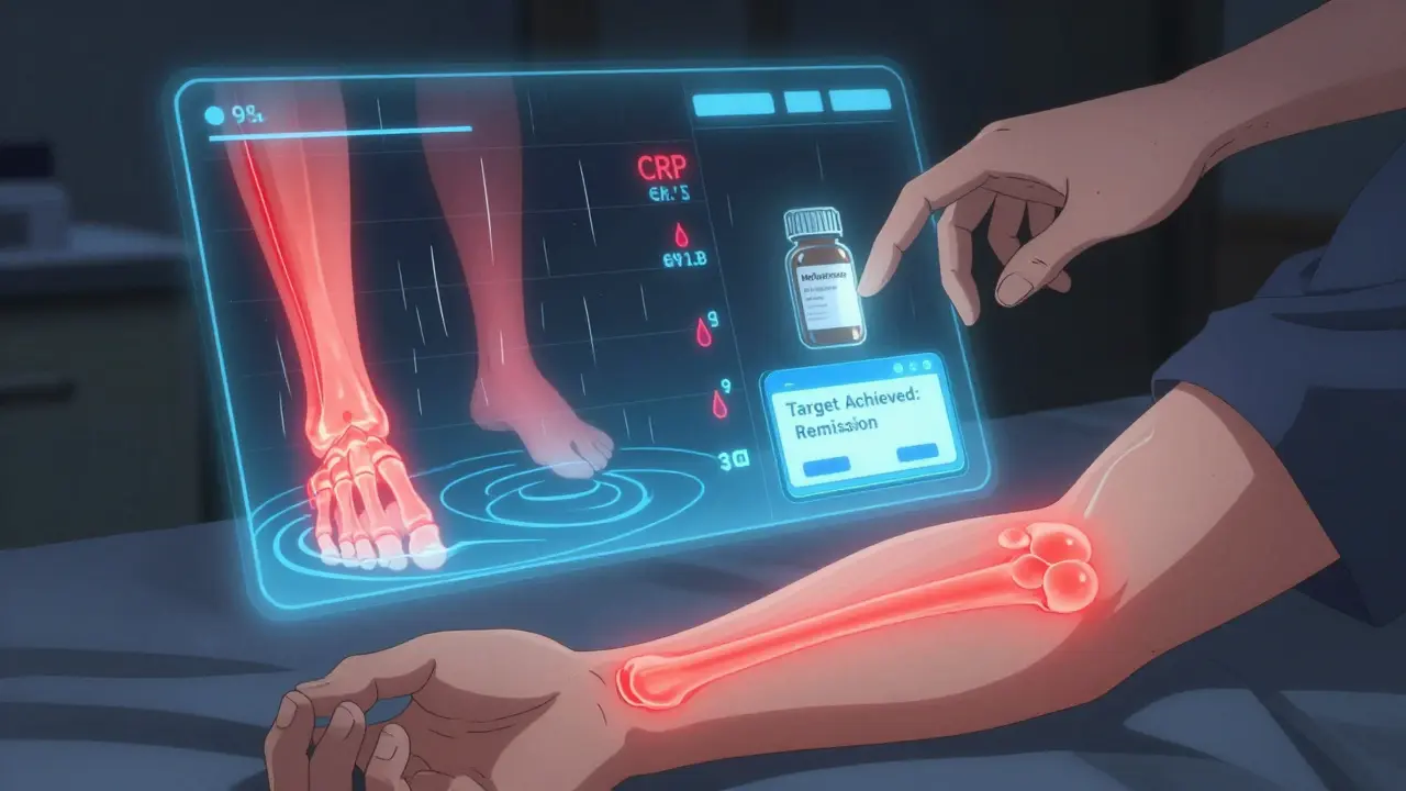Digital health interface showing joint data and remission notification above a patient's arm.