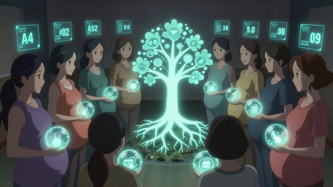 Diverse group of pregnant women with personalized risk orbs and a glowing medical guidelines tree.