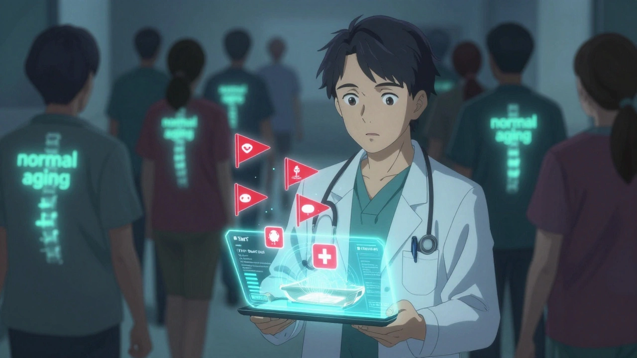 Doctor using AI tool to filter red flags, while patients walk away from unnecessary MRI scans.