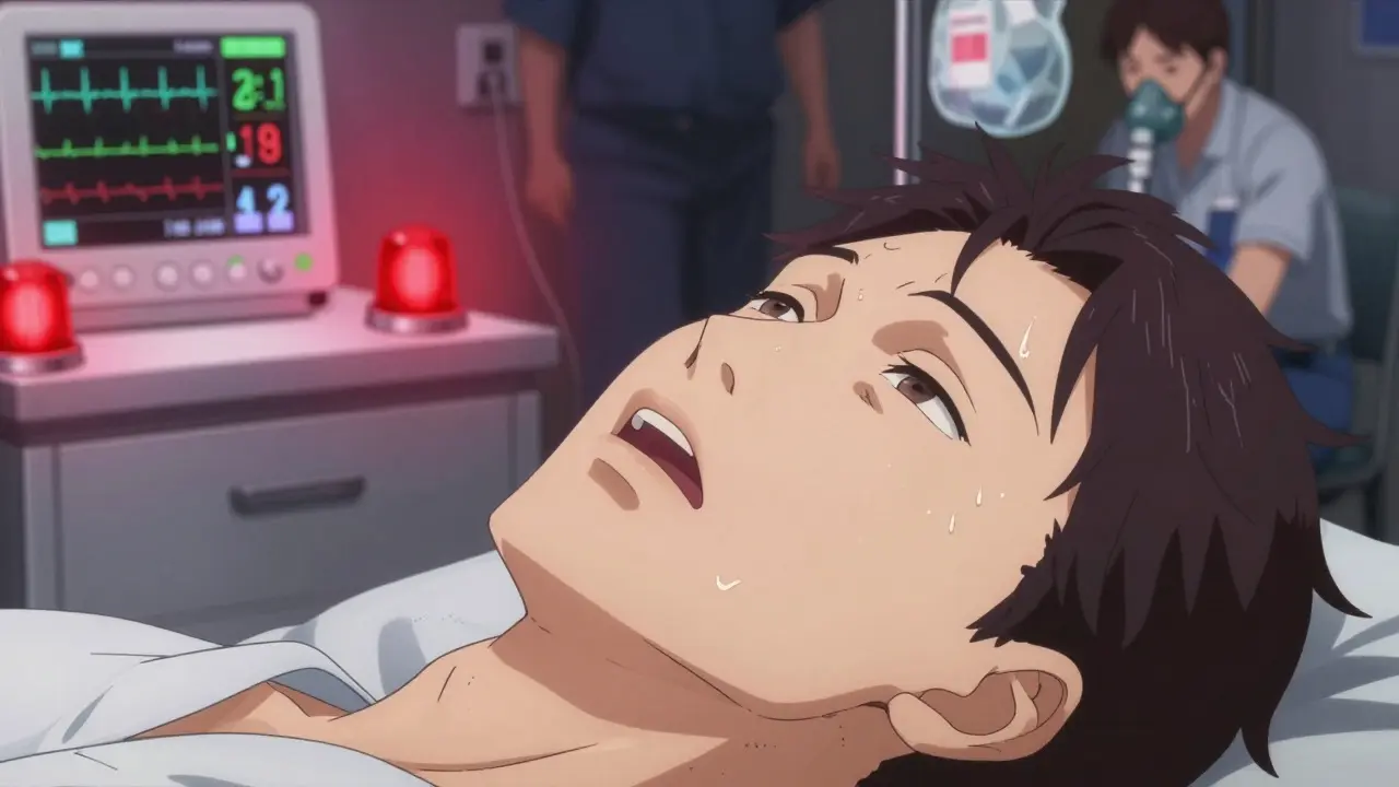 Emergency responders perform rescue breathing on an unconscious person, medical monitors display critical vitals in harsh hospital light.