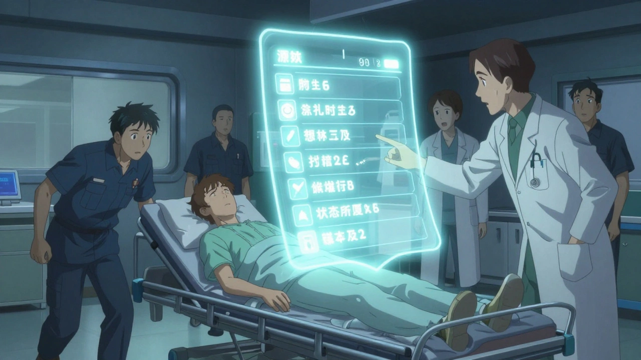 ER staff reacting to a glowing medication log hovering above a gurney during emergency.