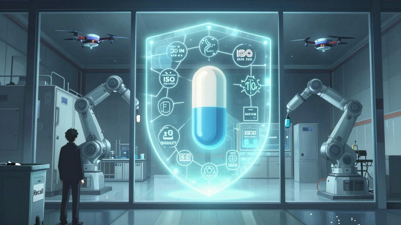 Futuristic cleanroom under construction, AI drones scan air, glowing shield protects a pill from contamination.