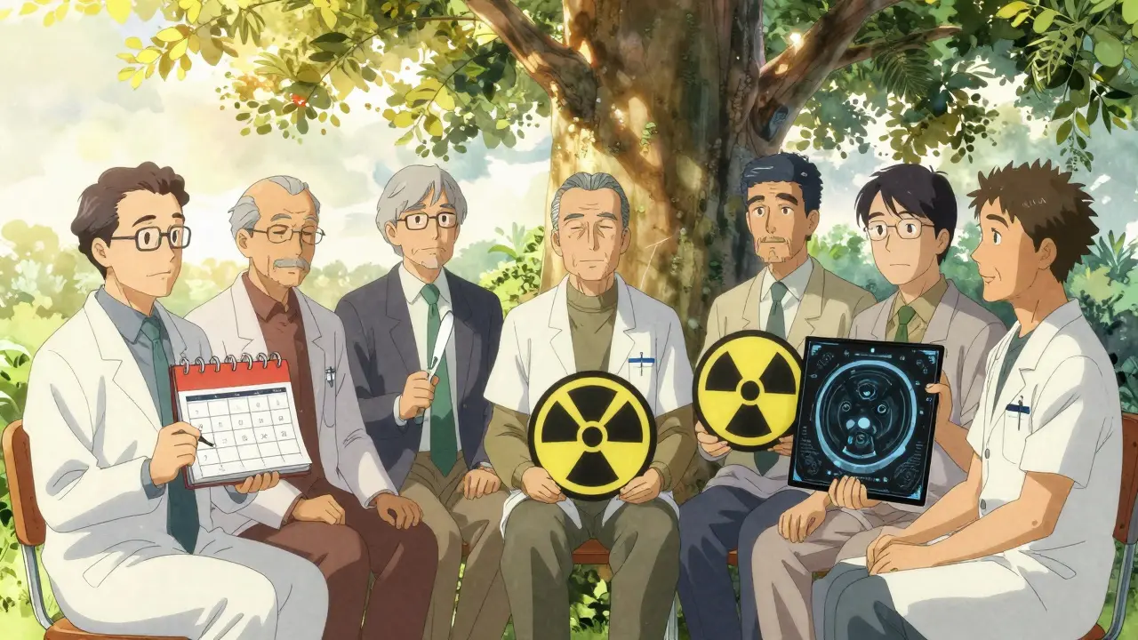 Group of men discussing prostate cancer options under a tree, each holding symbols of their chosen path.