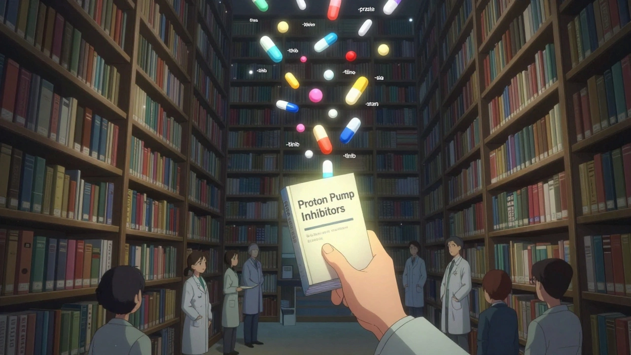 Infinite library of drug stems with glowing pills rising, symbolizing classification and safety in drug naming.