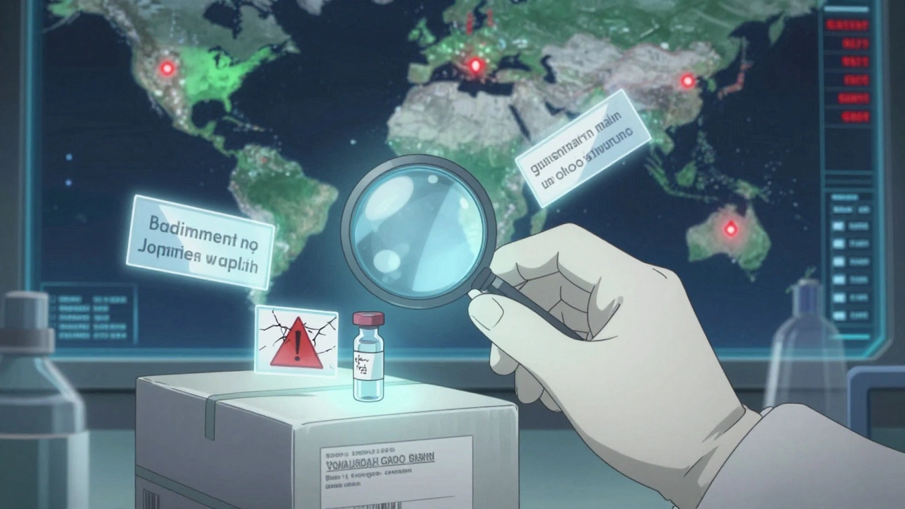 Lab technician extracts a vial under a glowing lens, mislabeled packaging floating nearby with red warning symbols.